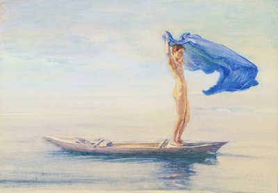 Lány kenu orrában, kiteríti az ágyékát vitorlához, Szamoa, 1895-96 körül (wc és gouache a fedélzeten) alkotó: John La Farge or Lafarge