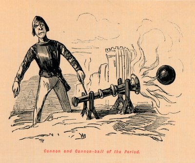 A korszak ágyúja és ágyúgolyója, alkotó: John Leech