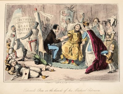Edward karja orvosi tanácsadói kezében, The Comic History of England, pub. 1864 (kézzel színezett rézkarc) alkotó: John Leech