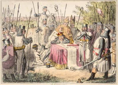 János király aláírja a Magna Cartát, a The Comic History of England, pub. 1864 (kézzel színezett rézkarc) alkotó: John Leech