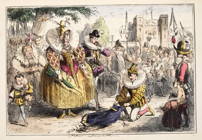 Erzsébet királynő és Sir Walter Raleigh, The Comic History of England, pub. 1864 (kézzel színezett rézkarc) alkotó: John Leech