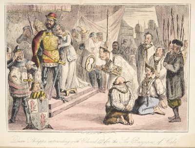 Fülöp királynő közbenjár III. Edwardnál, a hat calais-i városért, a The Comic History of England, pub. 1864 (kézzel színezett rézkarc) alkotó: John Leech