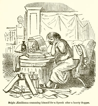 Scipio Aemilianus egy kiadós vacsora után beszédre készülődik alkotó: John Leech