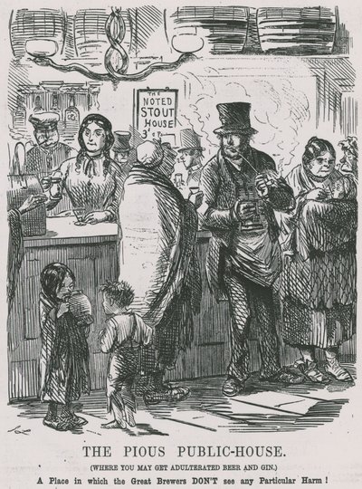 THe Pious Public House, ahol hamisított sört és gint lehet kapni. alkotó: John Leech