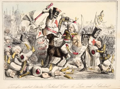 Remek harc Richard Coeur de Lion és Saladin között a The Comic History of England-ből, pub. 1864 (kézzel színezett rézkarc) alkotó: John Leech