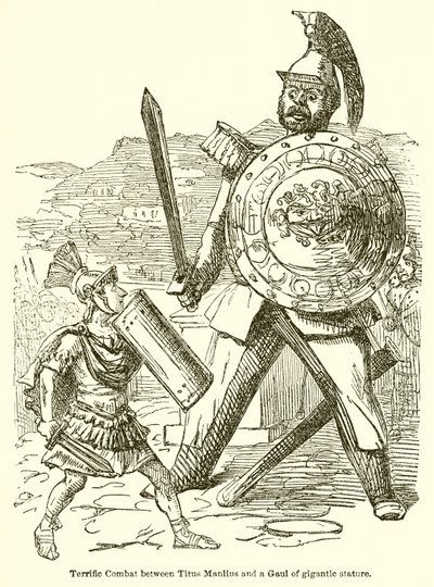 Félelmetes küzdelem Titus Manlius és egy gigantikus termetű gall között alkotó: John Leech