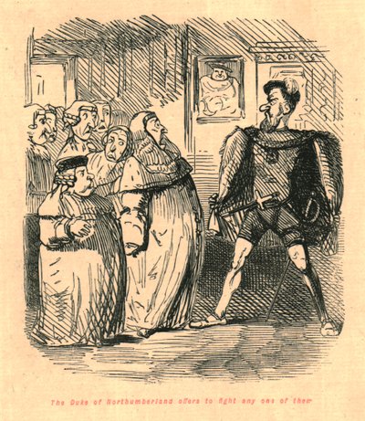 Northumberland hercege felajánlja, hogy harcol bármelyikükkel, 1897. alkotó: John Leech
