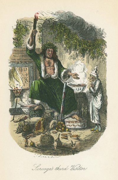 A karácsonyi ajándék szelleme megjelenik Scrooge-nak. Illusztráció: John Leech (1817-64) Charles Dickens számára A Christmas Carol, London 1843-1834. alkotó: John Leech