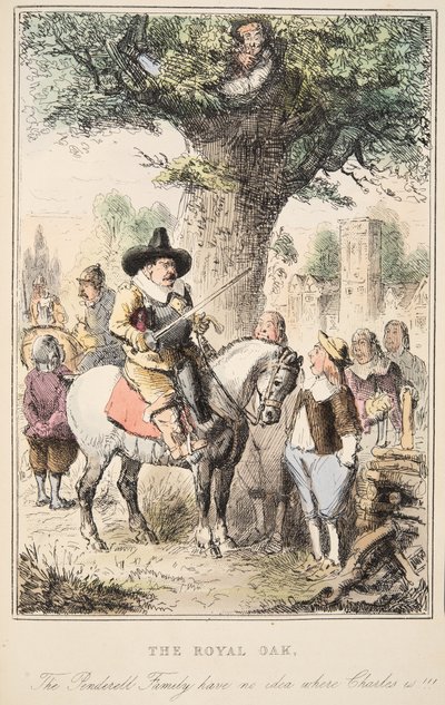 A királyi tölgy. A Penderell családnak fogalma sincs, hol van Charles!!!, The Comic History of England, pub. 1864 (kézzel színezett rézkarc) alkotó: John Leech