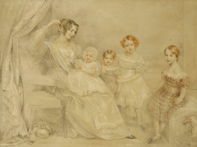 W.S. asszony portréja Fry és négy gyermeke: Emma, Willy, Julie és Georgina, Egy belső térben ülve, 1840 alkotó: John Linnell