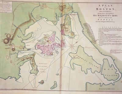 Boston és környékének terve, amely bemutatja a brit és a lázadó amerikai erők helyzetét, 1775 októberében készült, „Az észak-amerikai atlaszban” alkotó: John Lodge