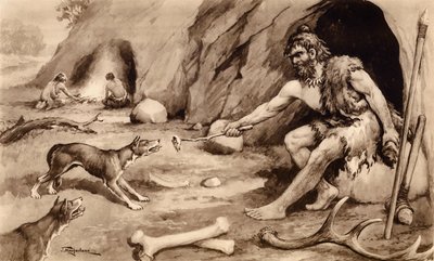 Barlangi ember kutyát etet (litográfia) alkotó: John Macfarlane