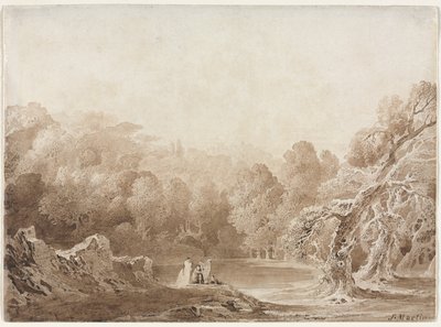 Egy férfi hárfán játszik más figurákkal a tó mellett, 1820. alkotó: John Martin