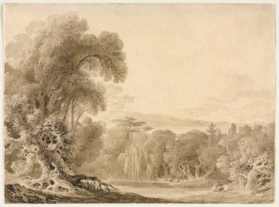 Tó mellett ülő alakok erdős tájon, 1820. alkotó: John Martin