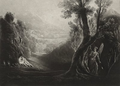 A Sátán szemlélődik és Éva a Paradicsomban, 1827 körül (mezzotint) alkotó: John Martin