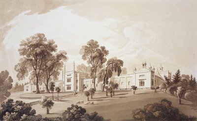 Kilátás a parasztházra, paravánnal az istállókra és a tanyaépületekre a Sezincote házra, Frederick Christian Lewis Snr. metszet. (1779-1856), 1817-1818 körül (szépia akvatinta) alkotó: John Martin