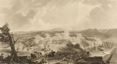 „1816. november 5-én vívott kirkee-i csata, amely emlékezetes alkalomból 4785 [sic] brit csapat legyőzte a Mahratta hadsereget” (akvatinta, színes) alkotó: John Massey (after) Wright