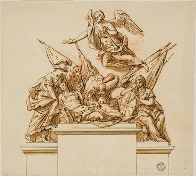 Harcos Britannia, Minerva és Fame kíséretében (recto); Nicholas Rowe emlékművének terve (verso) alkotó: John Michael Rysbrack