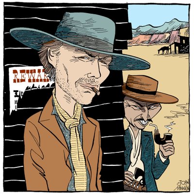 Clint Eastwood és Lee Van Cleef, karikatúra: John Minnion alkotó: John Minnion