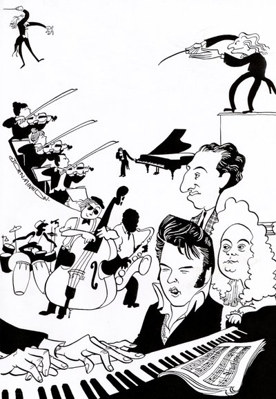 Zenei fantázia - zenei könyv vagy cikk borítója - karmesterek, zenészek, hangszerek, hegedű, dob, nagybőgő, szaxofon, zongora, partitúra, Elvis, Bach, alkotó: John Minnion