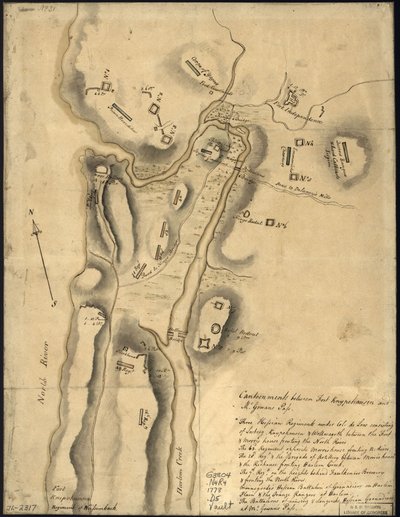 (A brit csapatok elhelyezése, a Knipehausen erődítménytől északra, azaz a Washington-erődtől a Fort Independence-ig tartó erődítményekkel. LOC gm71002317 alkotó: John Montresor