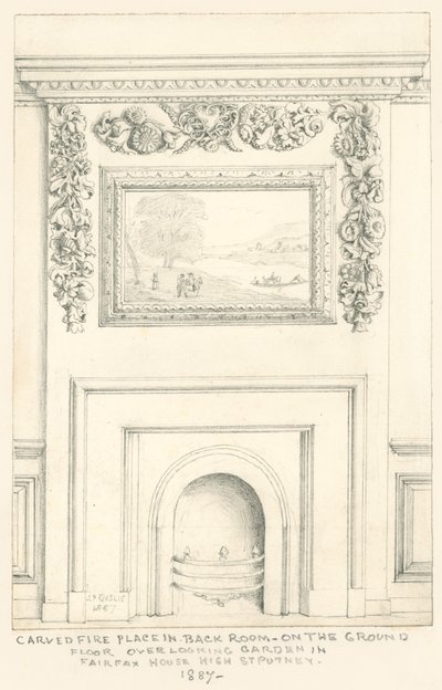 Faragott kandalló a hátsó szobában a földszinten, kilátással a kertre, Fairfax House, High Street, Putney, 1887 alkotó: John Phillipp Emslie