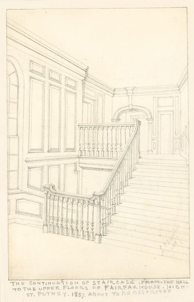 A Fairfax-ház, High Street, Putney, High Street, 1887. A lépcsőház folytatása a hallból a felsőbb emeletekre. alkotó: John Phillipp Emslie