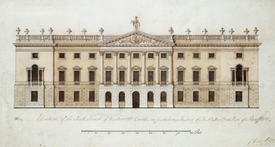 Wentworth-kastély, déli front tervezése, 1760 körül (toll, tinta és akvarell papíron) alkotó: John Platt