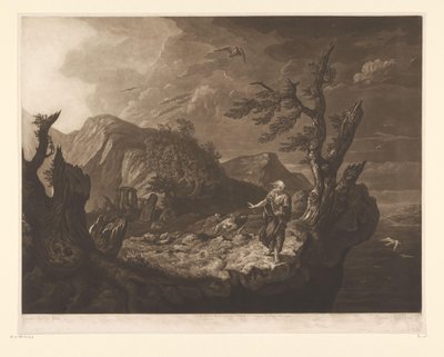 Viharos táj bárddal egy szikla szélén alkotó: John Raphael Smith