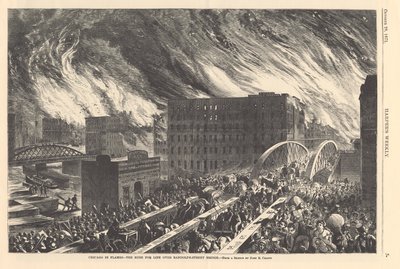 Chicago lángokban – az élet rohanása a Randolph Street Bridge felett, illusztráció a Harpers Weeklyből, 1871 alkotó: John Reuben after Chapin