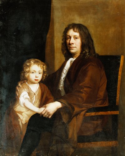 Thomas Rowe és fia portréja, ülő háromnegyed hosszúságú, előbbi barna ruhában, utóbbi barna ruhában és pakolásban, alkotó: John Riley