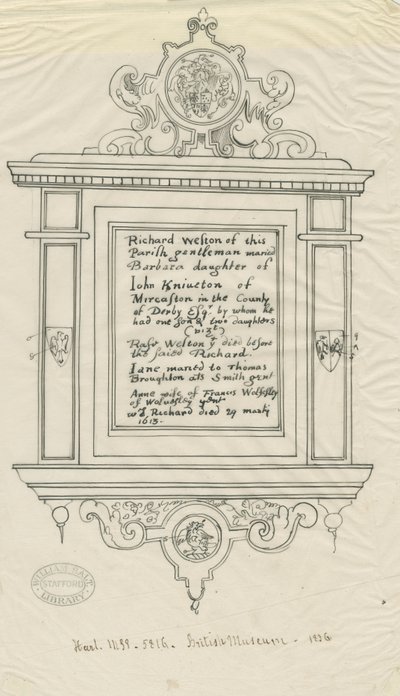 Rugeley templom (régi) – Richard Weston emlékműve: toll és tinta nyomkövetése alkotó: John Robert Fernyhough