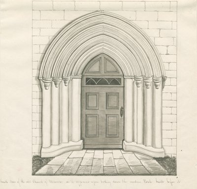 Uttoxeter templom – Déli ajtó: toll- és mosórajz, és [?19. század közepe] (rajz) alkotó: John Robert Fernyhough