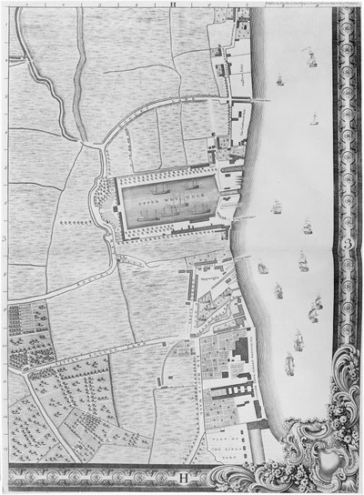 Az Alsó-Rotherhithe-dokkok térképe, London, 1746 (metszet) alkotó: John Rocque