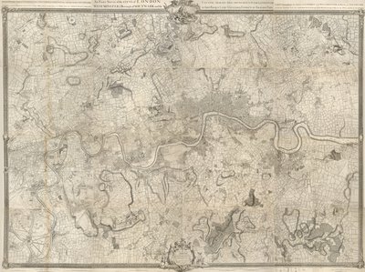 Egy 18. századi londoni térkép. A londoni város, Westminster ye Southwark városrész és a közel tíz mérföldes ország pontos felmérése 1741-ben kezdődött és 1745-ben ért véget / John Rocque földmérő és (metszett) Richard Parr. alkotó: John Rocque