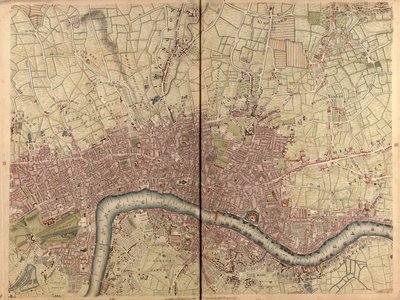 "London és Westminster városainak, Southwark kerületének, valamint a tíz mérföldre lévő vidéknek a pontos felmérése", 1746 körül (metszet). alkotó: John Rocque