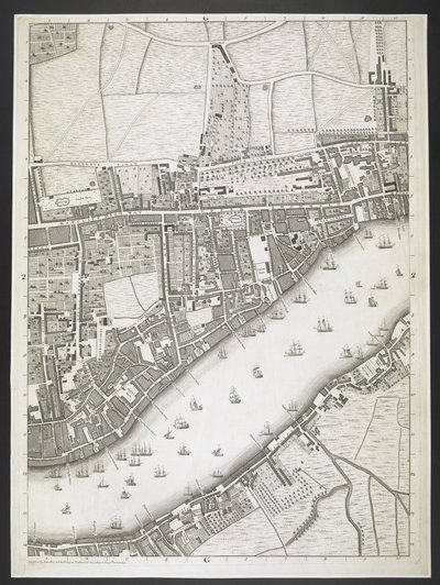 London terve, Ratcliff autópálya, Upper Shadwell út,  London és Westminster városok, valamint Southwark városának terve; : a szomszédos épületekkel; Egy tényleges felmérésből, / JOHN ROCQUE földmérő és John Pine metszetéből,  J alkotó: John Rocque