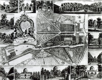 A kert terve és a házak kilátása Chiswickben a Temzén alkotó: John Rocque