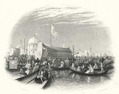 A tenger házassága. A dózse uszálya és gondolák a vízen Velencében (metszet) alkotó: John Rogers (after) Herbert