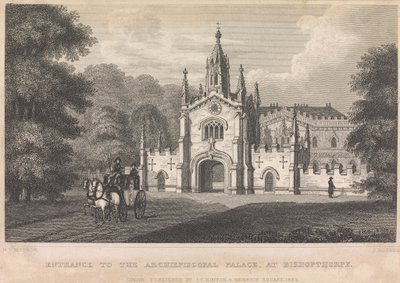 A Bishopthorpe-i érseki palota bejárata (kiadó: I. T. Hinton); 34. oldal (Első kötet) alkotó: John Rogers