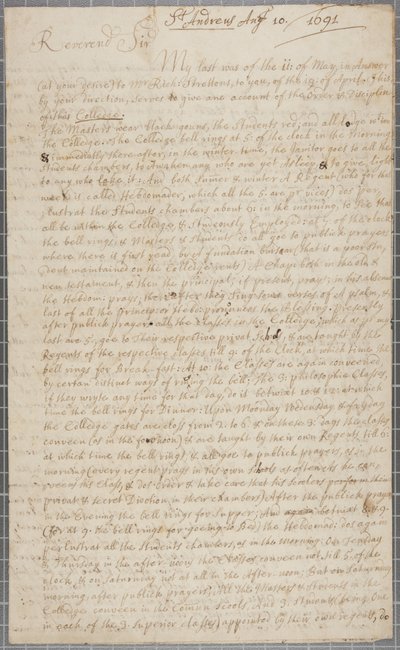 John Row, a St Andrews-i diák levele nagybátyjának 1691-ben alkotó: John Row
