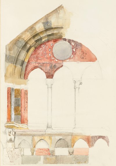 A Broletto ablaka, Como: Gyors színes vázlat, amely a Márványok berakásának módszerét mutatja, 1869. augusztus? (akvarell és testfesték grafit felett, szőtt papíron) alkotó: John Ruskin