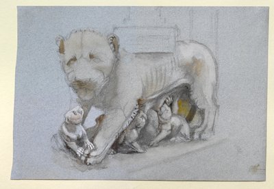 Vázlat az oroszlánokról és a kölykökről Nicola Pisano sienai szószékéről, 1870. június (akvarell és testfesték grafiton kékesszürke szőtt papíron) alkotó: John Ruskin