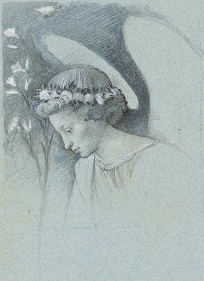Tanulmány Gábriel angyal fejéről Filippo Lippi „A hirdető angyal” című művében, 1870. június 28. (grafit, akvarell és testfesték kék szőtt papíron) alkotó: John Ruskin
