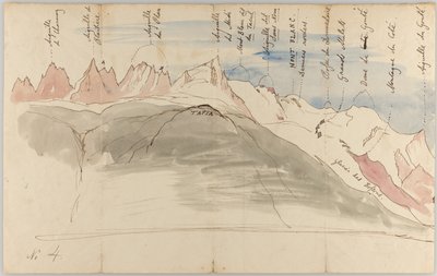 A Mont Blanc-hegység Chamonix közeléből nézve (előlap); a Mont Blanc-hegységről készült vázlatok a Chamonix feletti Tapia-hegyről, Genfből nézve, valamint a Dole-ról nézve (hátlap) alkotó: John Ruskin