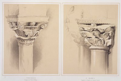 Torcello, a hajóoszlop és a Szent Márk fővárosa, a Central Porch fővárosa, John Ruskin „Példák a velencei építészetre” című művéből, G. Rosenthal metszet, 1851 alkotó: John Ruskin