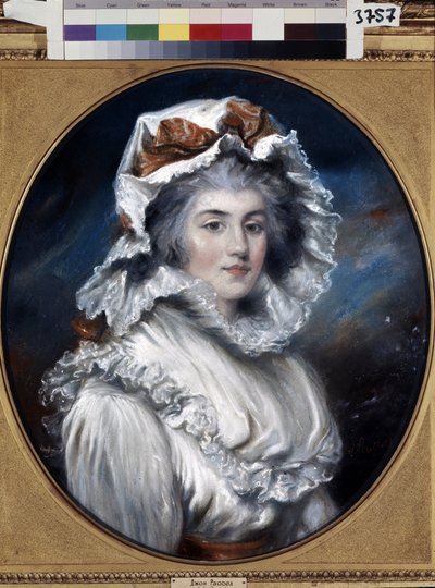Egy sapkás fiatal nő portréja (sapkás lány portréja). John Russell (1745-1806) rajza. Pasztell, papír, 18. század második fele. 18. századi angol művészet. Ermitázs Múzeum, Szentpétervár. alkotó: John Russel