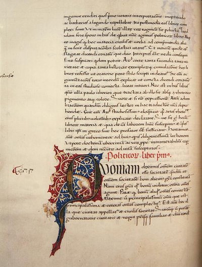 Ms.228, f.90v: Oldal Arisztotelész "Nikomachos etikája és politikája" című művéből. alkotó: John Russell