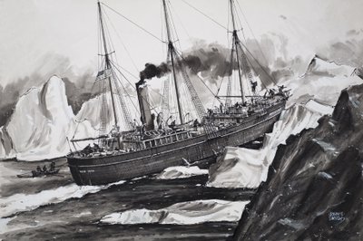 A Roosevelt a jégen keresztül tör át, hogy eljusson az Északi-sarkra (gouache, papír) alkotó: John S. Smith