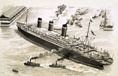 A Leviathan gőzhajót vontatóhajók a New York-i kikötő egyik mólója felé terelik. alkotó: John S. Smith